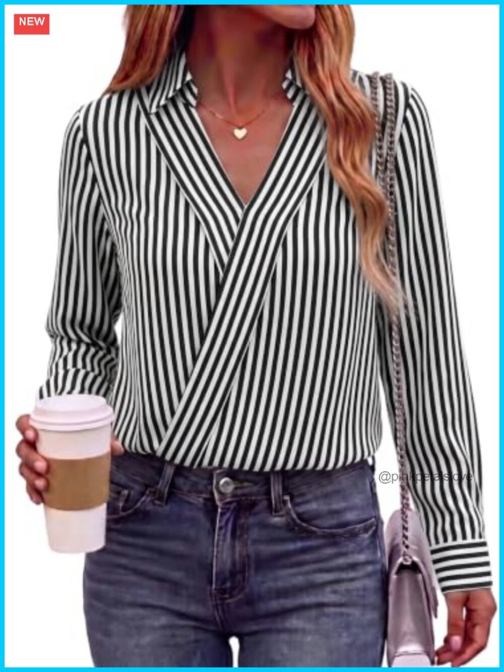 GRECERELLE Women's Striped V-Neck Long Sleeve Blouse Business Casual Top
